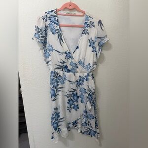 Blue and White Floral Wrap Mini Dress